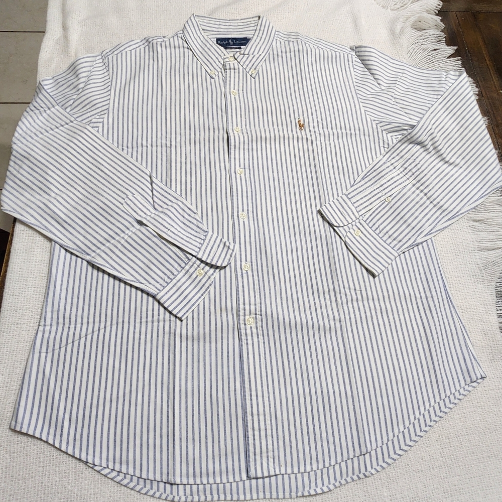 Polo by Ralph Lauren Men's White and Blue Striped Shirt Size XL